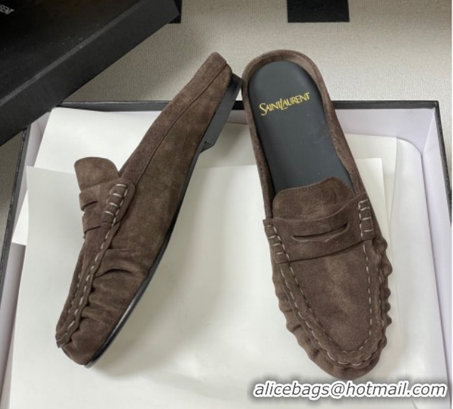 Unique Style Saint Laurent Le Loafer Mules in Suede Deep Brown 1215025