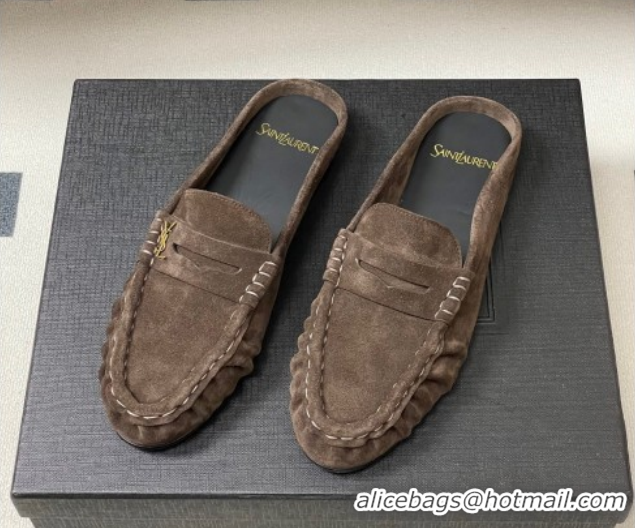 Unique Style Saint Laurent Le Loafer Mules in Suede Deep Brown 1215025