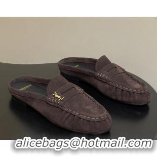 Top Design Saint Laurent Le Loafer Mules in Suede Dark Brown 1215026