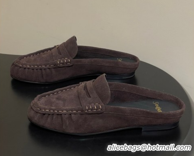 Top Design Saint Laurent Le Loafer Mules in Suede Dark Brown 1215026