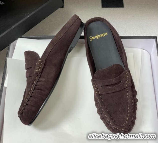 Top Design Saint Laurent Le Loafer Mules in Suede Dark Brown 1215026