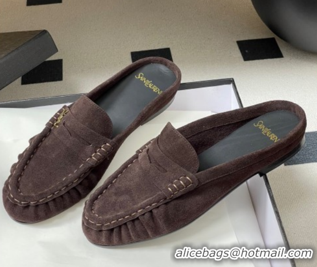Top Design Saint Laurent Le Loafer Mules in Suede Dark Brown 1215026