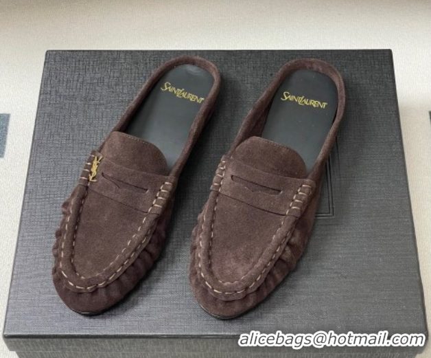 Top Design Saint Laurent Le Loafer Mules in Suede Dark Brown 1215026