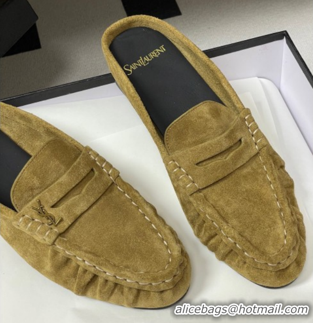 Big Discount Saint Laurent Le Loafer Mules in Suede Beige Yellow 1215027