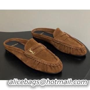 Cheap Price Saint Laurent Le Loafer Mules in Suede Light Brown 1215028