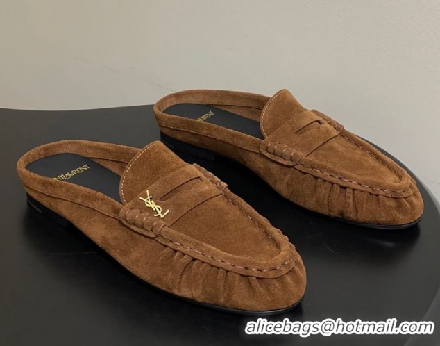 Cheap Price Saint Laurent Le Loafer Mules in Suede Light Brown 1215028