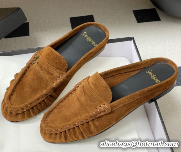 Cheap Price Saint Laurent Le Loafer Mules in Suede Light Brown 1215028