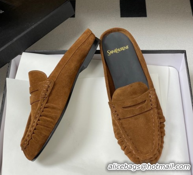 Cheap Price Saint Laurent Le Loafer Mules in Suede Light Brown 1215028