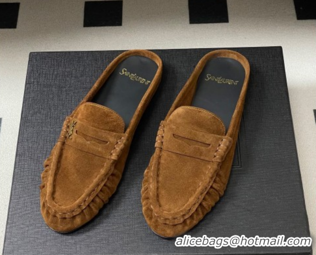 Cheap Price Saint Laurent Le Loafer Mules in Suede Light Brown 1215028