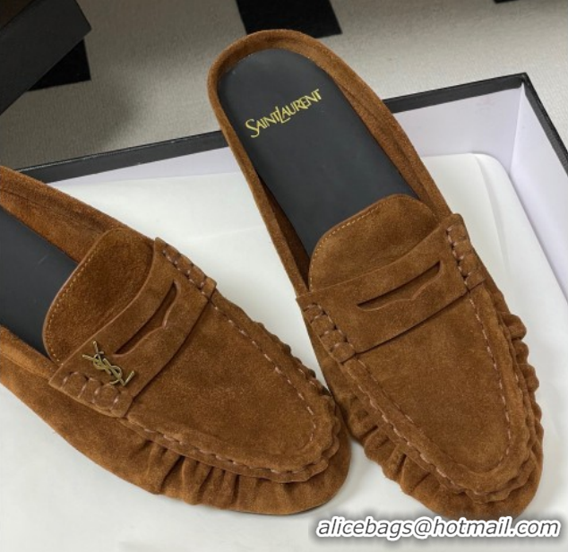Cheap Price Saint Laurent Le Loafer Mules in Suede Light Brown 1215028
