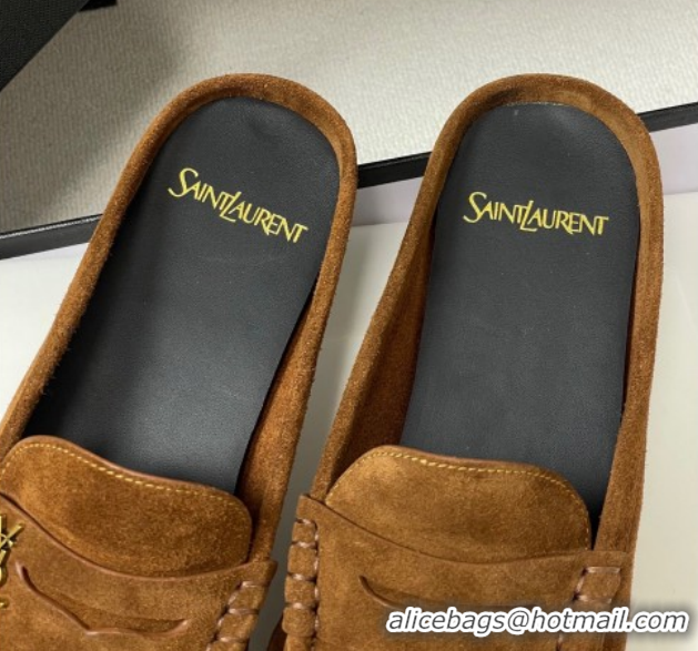 Cheap Price Saint Laurent Le Loafer Mules in Suede Light Brown 1215028