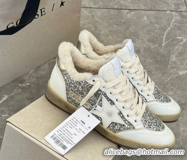 Stylish Golden Goose Women’s Ball Star Sneakers in nappa leather and wool with silver glitter 51031050