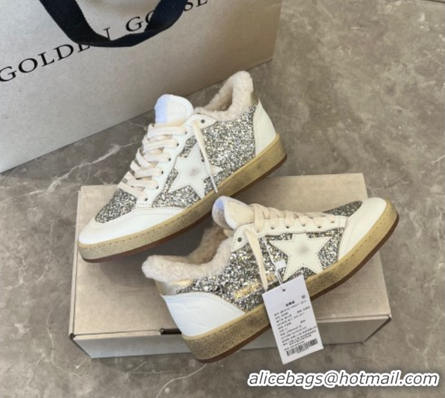 Stylish Golden Goose Women’s Ball Star Sneakers in nappa leather and wool with silver glitter 51031050