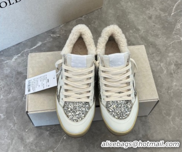 Stylish Golden Goose Women’s Ball Star Sneakers in nappa leather and wool with silver glitter 51031050