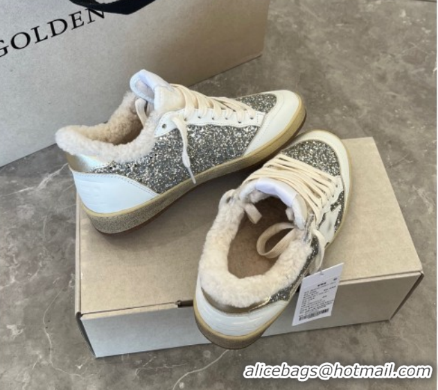 Stylish Golden Goose Women’s Ball Star Sneakers in nappa leather and wool with silver glitter 51031050