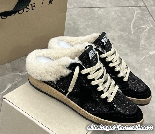Durable Golden Goose Women’s Ball Star Sabots Sneaker in suede and wool with black glitter 51031051