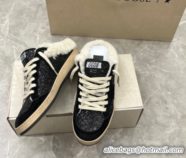 Durable Golden Goose Women’s Ball Star Sabots Sneaker in suede and wool with black glitter 51031051