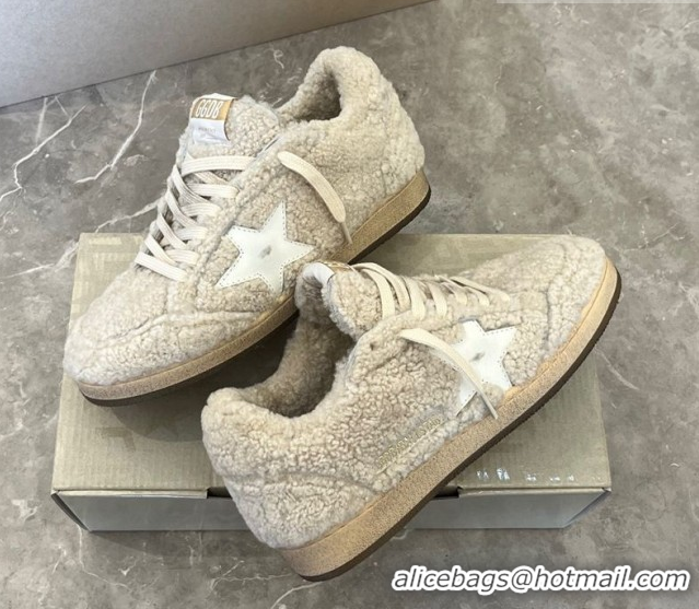 Classic Hot Golden Goose Women’s Ball Star Sneakers in beige shearling wool with white leather star 1031053