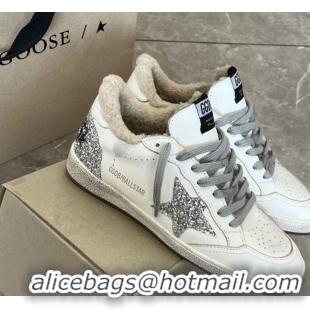 Sophisticated Golden Goose Women’s Ball Star Sneakers in white leather and wool with silver glitter star 51031054