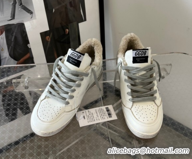 Sophisticated Golden Goose Women’s Ball Star Sneakers in white leather and wool with silver glitter star 51031054