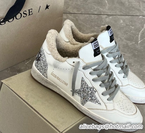 Sophisticated Golden Goose Women’s Ball Star Sneakers in white leather and wool with silver glitter star 51031054