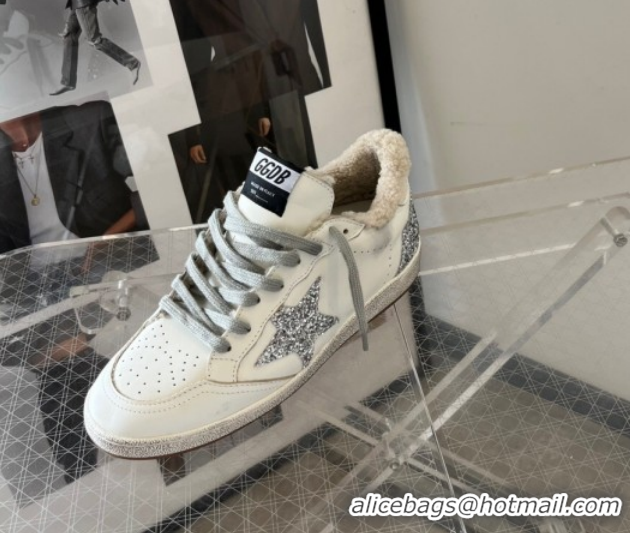 Sophisticated Golden Goose Women’s Ball Star Sneakers in white leather and wool with silver glitter star 51031054