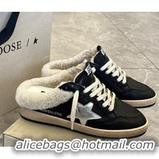 Charming Golden Goose Women’s Ball Star Sabots Sneaker in black nappa leather and wool with silver star 51031055