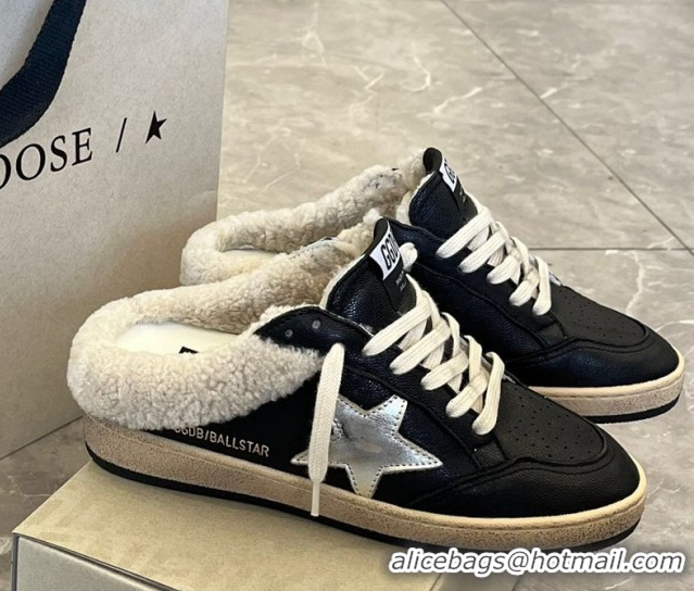 Charming Golden Goose Women’s Ball Star Sabots Sneaker in black nappa leather and wool with silver star 51031055