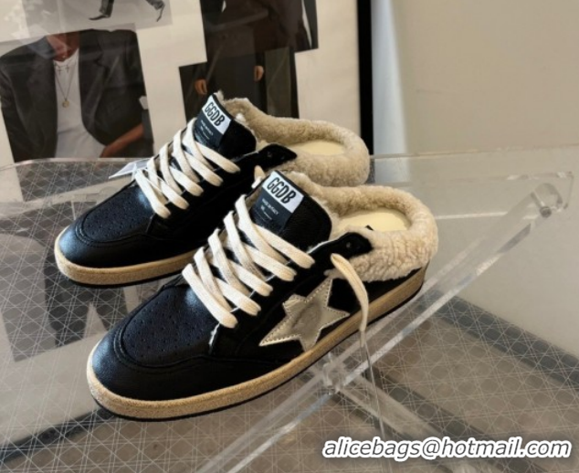 Charming Golden Goose Women’s Ball Star Sabots Sneaker in black nappa leather and wool with silver star 51031055