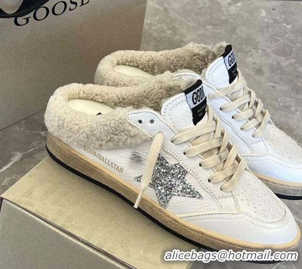 Hot Style Golden Goose Women’s Ball Star Sabots Sneaker in white leather and wool with silver glitter star 51031056