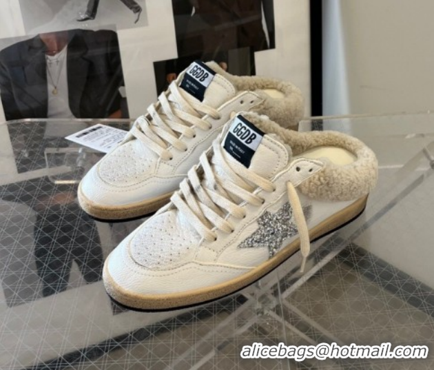 Hot Style Golden Goose Women’s Ball Star Sabots Sneaker in white leather and wool with silver glitter star 51031056