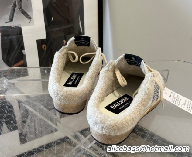 Hot Style Golden Goose Women’s Ball Star Sabots Sneaker in white leather and wool with silver glitter star 51031056