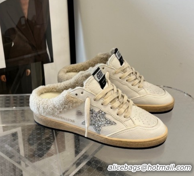 Hot Style Golden Goose Women’s Ball Star Sabots Sneaker in white leather and wool with silver glitter star 51031056