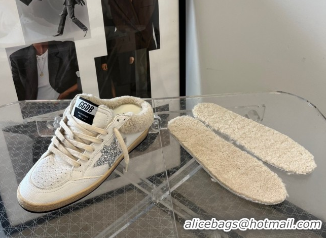 Hot Style Golden Goose Women’s Ball Star Sabots Sneaker in white leather and wool with silver glitter star 51031056