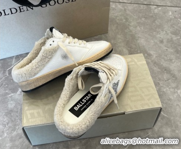 Hot Style Golden Goose Women’s Ball Star Sabots Sneaker in white leather and wool with silver glitter star 51031056