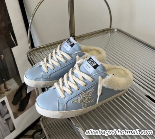 Stylish Golden Goose Women's Super-Star Sabots Sneaker in Blue Leather and Wool GGDB103101 1031057
