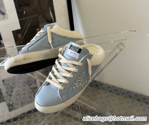Stylish Golden Goose Women's Super-Star Sabots Sneaker in Blue Leather and Wool GGDB103101 1031057