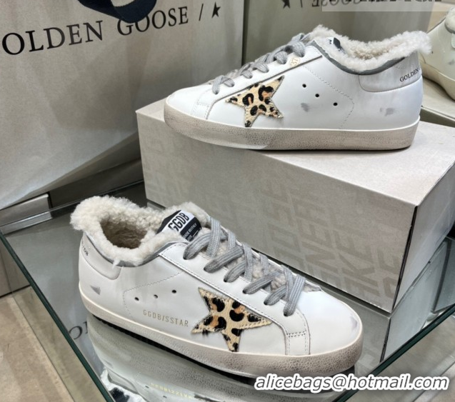 Sophisticated Golden Goose Women's Super-Star Sneakers in White Leather and Wool with Printed Star GGDB103104 1031060