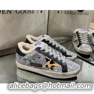 Good Quality Golden Goose Women's Super-Star Sneakers in Silver Glitters and Wool GGDB103105 1031061