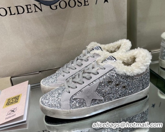 Grade Quality Golden Goose Women's Super-Star Sneakers in Silver Glitters and Wool GGDB103107 1031063