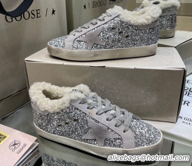 Grade Quality Golden Goose Women's Super-Star Sneakers in Silver Glitters and Wool GGDB103107 1031063