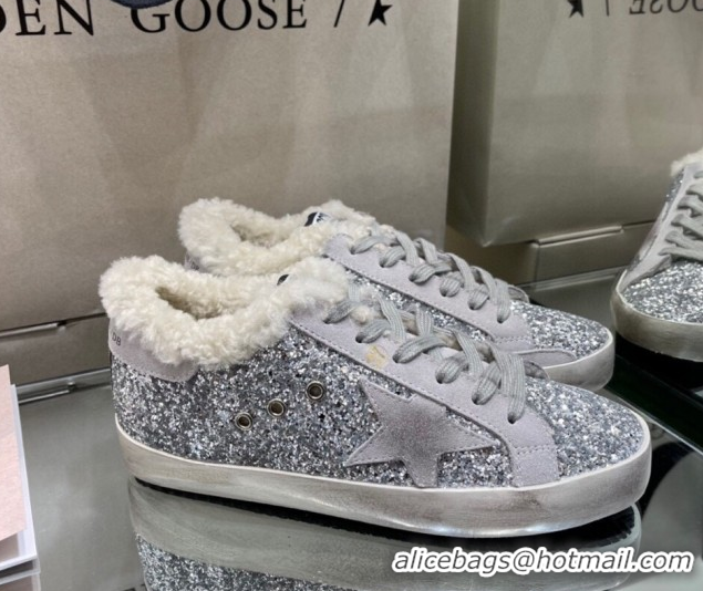 Grade Quality Golden Goose Women's Super-Star Sneakers in Silver Glitters and Wool GGDB103107 1031063