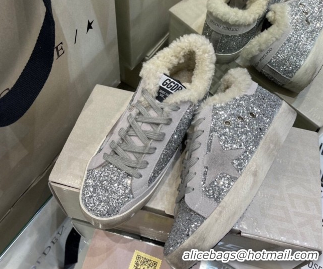 Grade Quality Golden Goose Women's Super-Star Sneakers in Silver Glitters and Wool GGDB103107 1031063