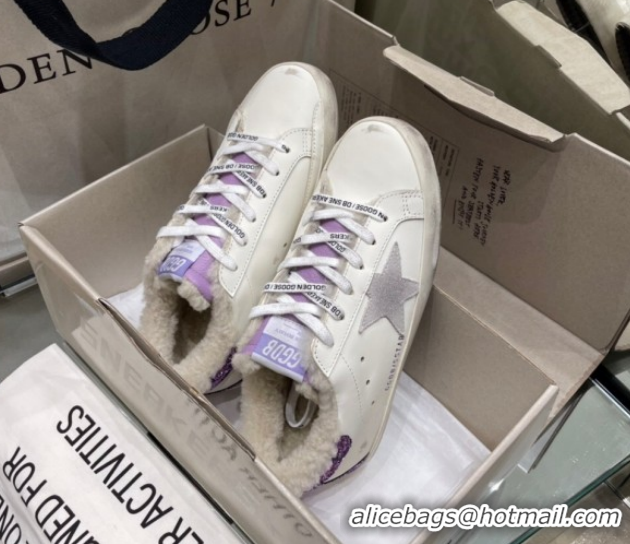 Buy Luxury Golden Goose Women's Super-Star Sneakers in White Leather and Wool GGDB103109 1031065