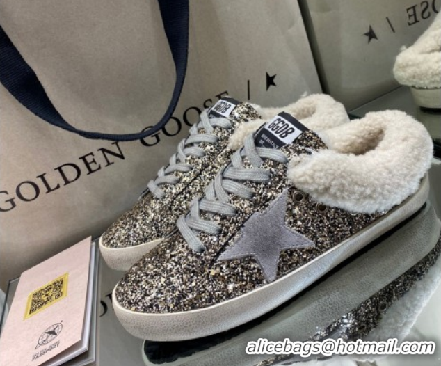 Best Price Golden Goose Women's Super-Star Sabots Sneaker in Gold Glitter and Wool GGDB103111 1031066