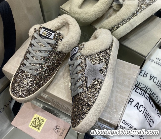 Best Price Golden Goose Women's Super-Star Sabots Sneaker in Gold Glitter and Wool GGDB103111 1031066