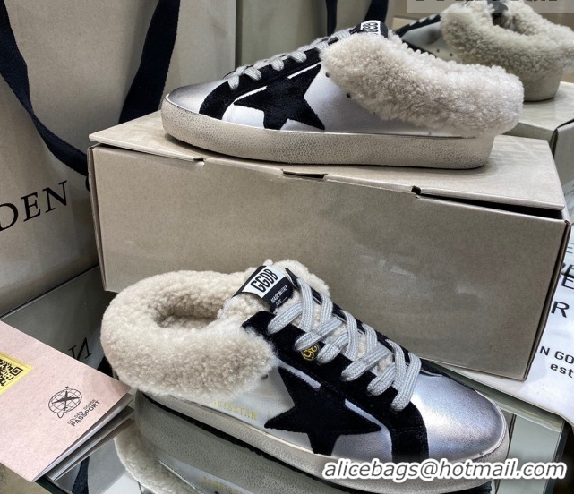 Stylish Golden Goose Women's Super-Star Sabots Sneaker in Silver Leather and Wool GGDB103112 1031067