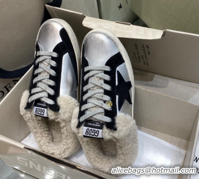 Stylish Golden Goose Women's Super-Star Sabots Sneaker in Silver Leather and Wool GGDB103112 1031067