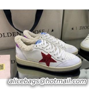 Luxurious Golden Goose Women's Super-Star Sneakers in White Leather and Wool with Red Star GGDB103116 1031076