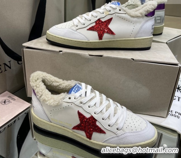 Luxurious Golden Goose Women's Super-Star Sneakers in White Leather and Wool with Red Star GGDB103116 1031076